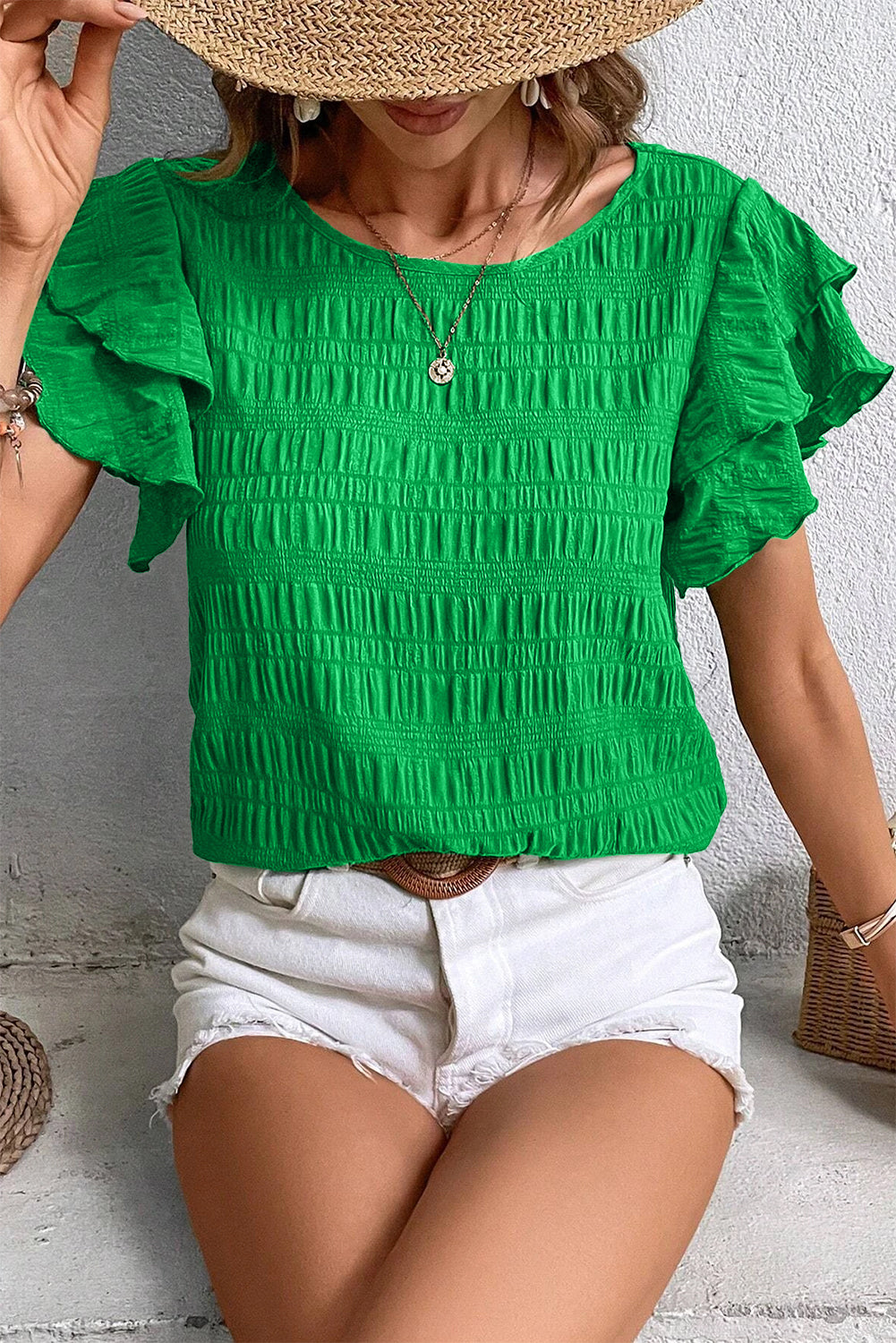 Dark Green Textured Ruffled Sleeve Round Neck Top