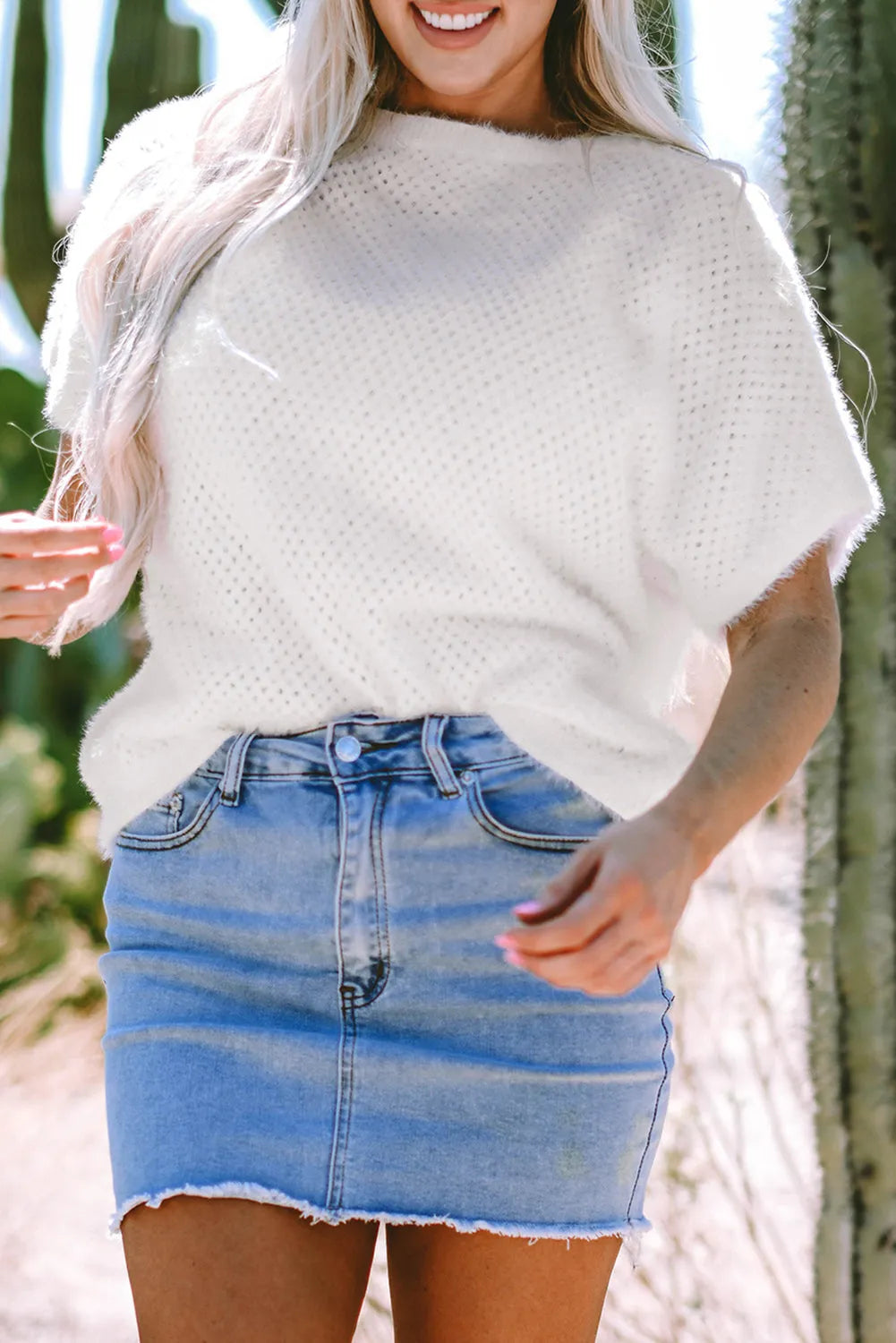 White Fuzzy Eyelet Knitted Sweater T-shirt - Chic Meadow Boutique 