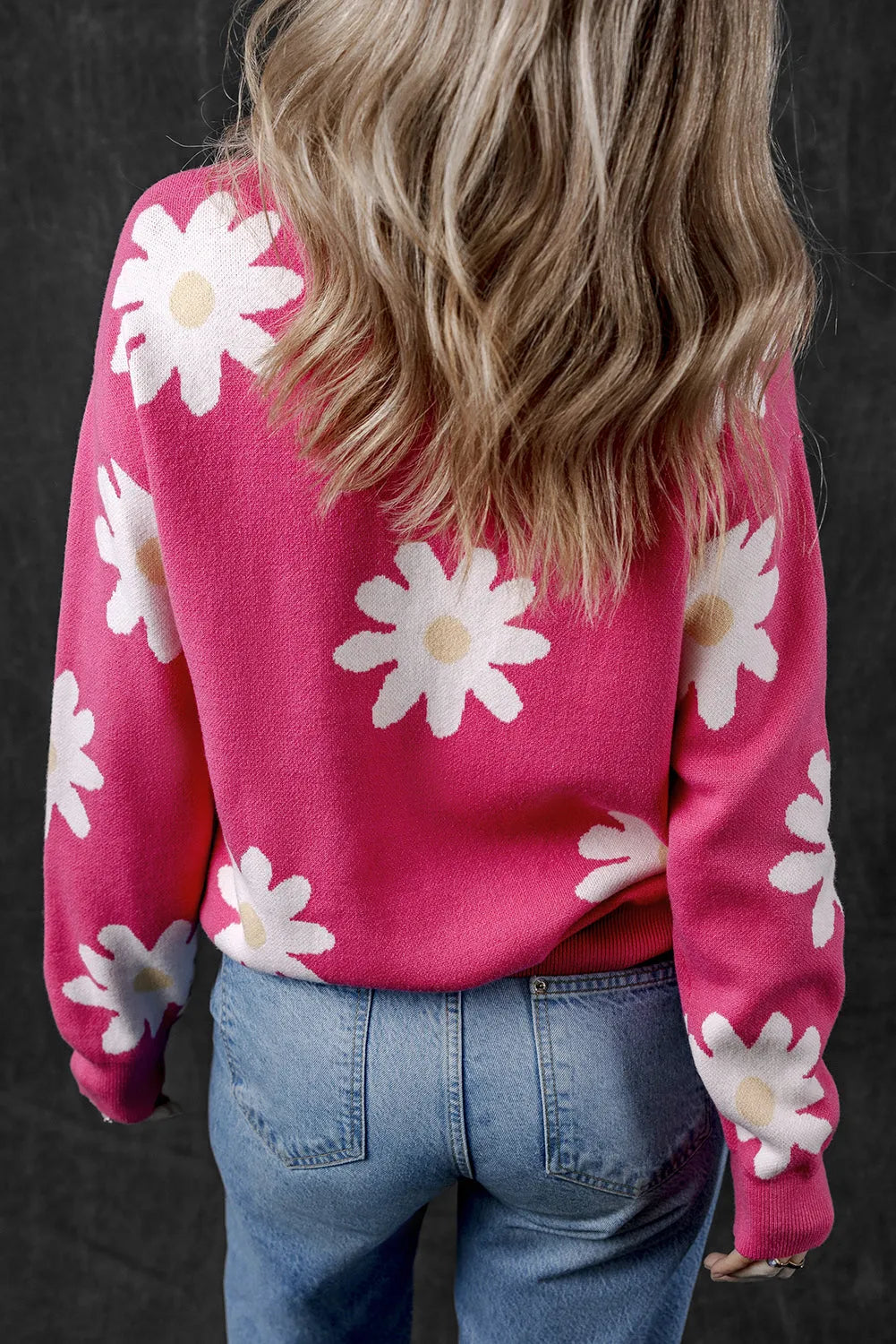 Bright Pink Daisy Flower Crew Neck Long Sleeve Sweater - Chic Meadow Boutique 