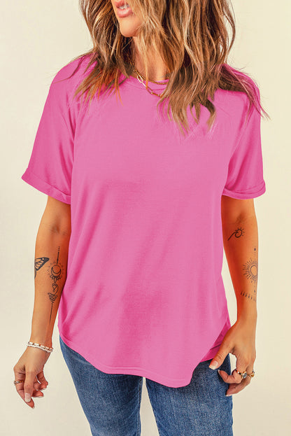 Sachet Pink Bright Casual Plain Crew Neck Tee