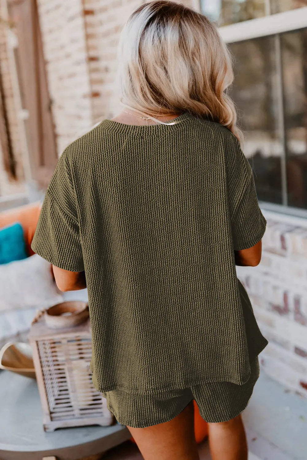 Jungle Green Ribbed Textured Knit Loose Fit Tee and Shorts Set - Chic Meadow Boutique 