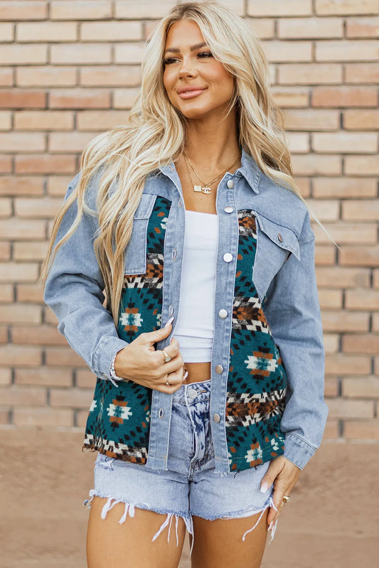 Blue Aztec Printed Denim Jacket - Chic Meadow Boutique 