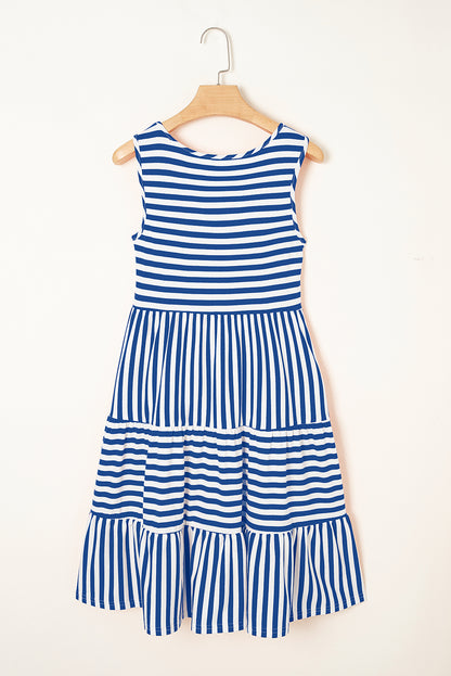 Sky Blue Stripe U Neck Sleeveless Loose Fit Mini Dress