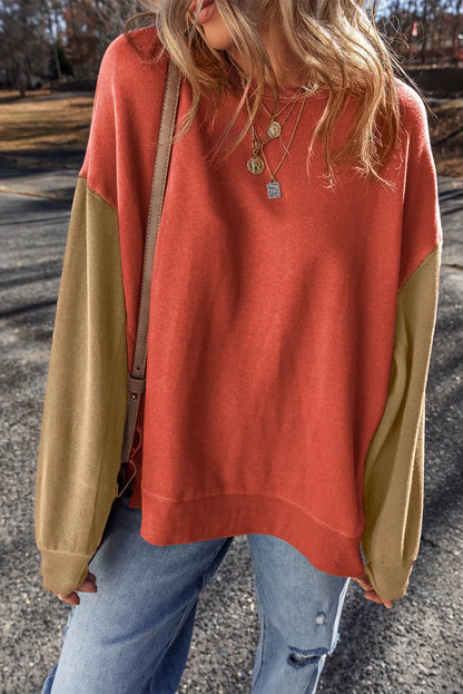 Gold Flame Two Tone Patchwork Drop Shoulder Pullover Sweatshirt - Chic Meadow Boutique 