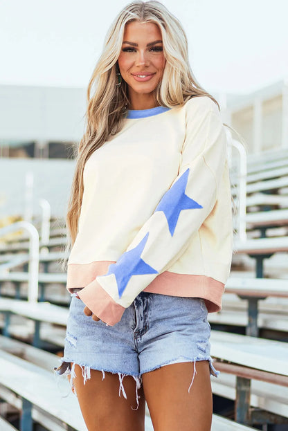 Beige Star Patchwork Exposed Seam Oversized Sweatshirt - Chic Meadow Boutique 