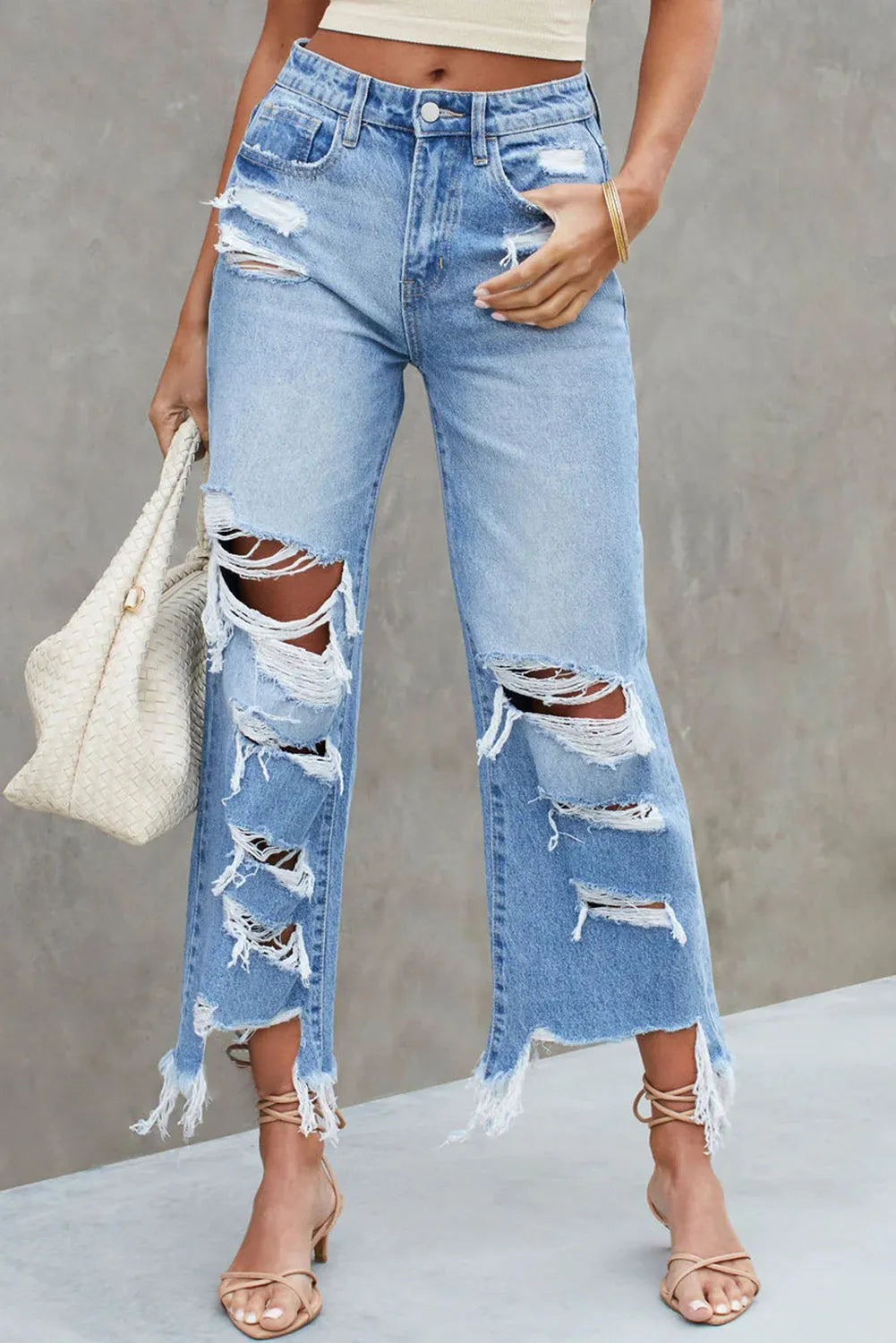 Sky Blue Heavy Destroyed High Waist Jeans - Chic Meadow Boutique 