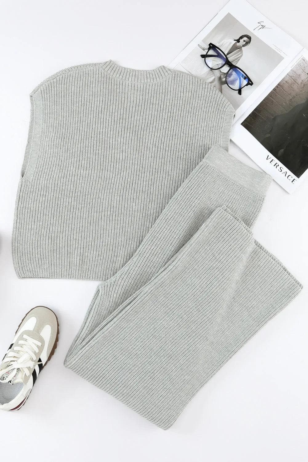 Two Piece Sets/Pant Sets Gray Knitted V Neck Sweater and Casual Pants Set