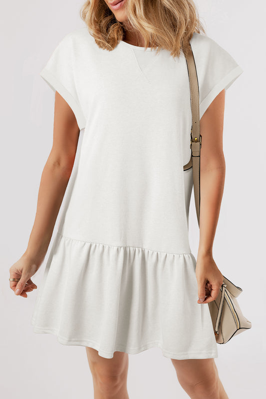White Solid Color Cap Sleeve Drop Waist T Shirt Dress