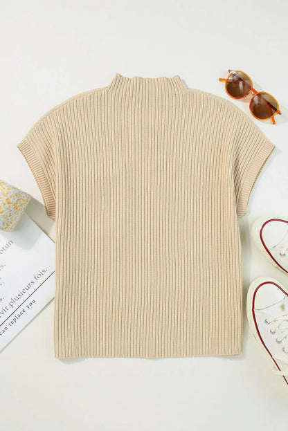 Oatmeal Patch Pocket Ribbed Knit Short Sleeve Sweater - Chic Meadow Boutique 