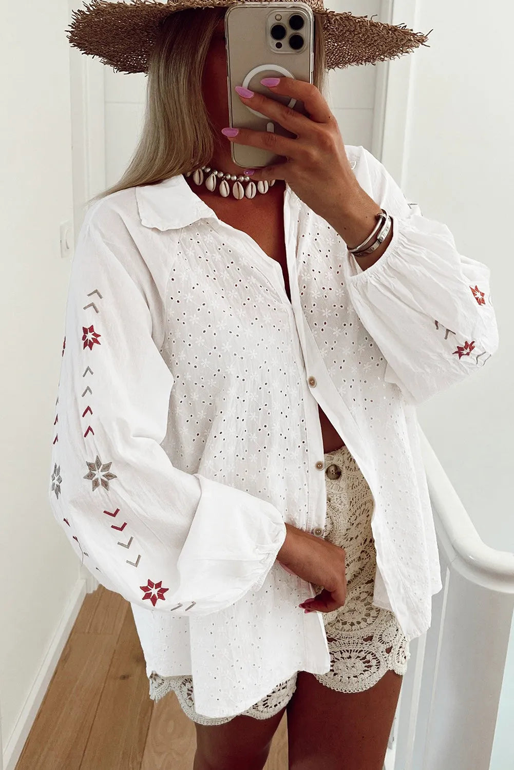 White Floral Embroidered Puff Sleeve Eyelet Patchwork Shirt - Chic Meadow Boutique 