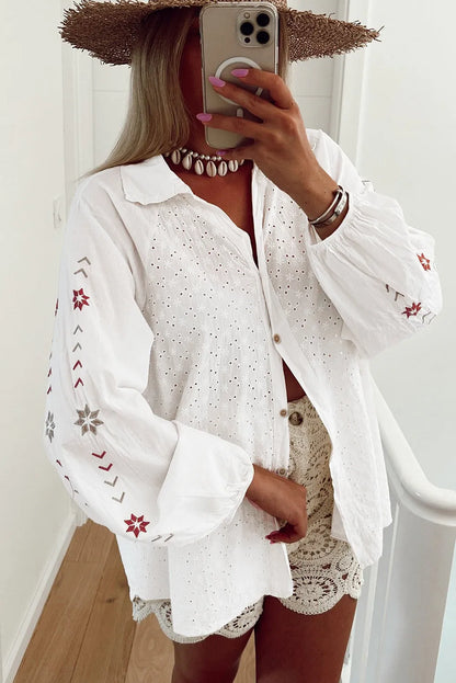 White Floral Embroidered Puff Sleeve Eyelet Patchwork Shirt - Chic Meadow Boutique 