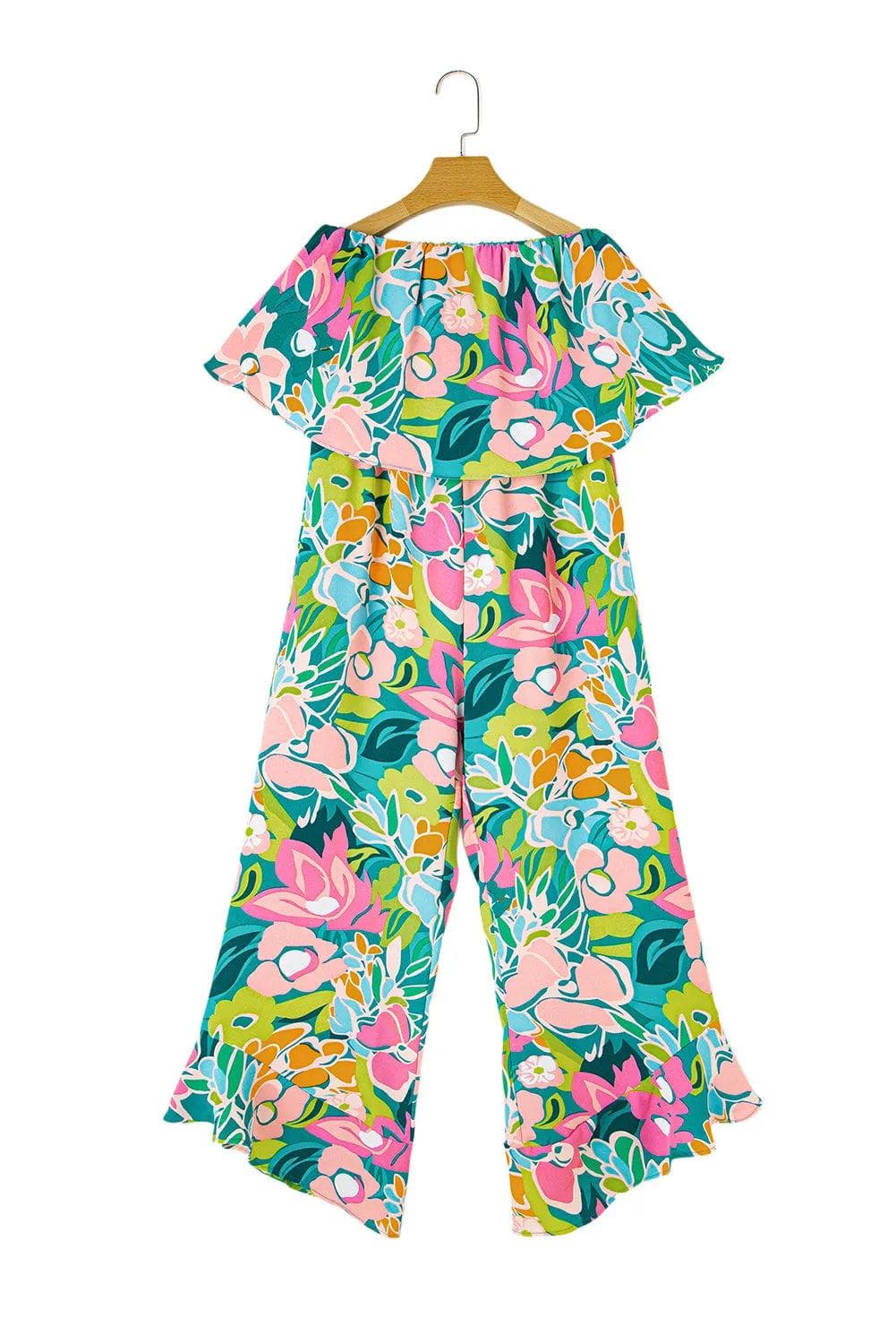 Bottoms/Jumpsuits & Rompers Green Mix Tropical Print Strapless Ruffled Jumpsuit