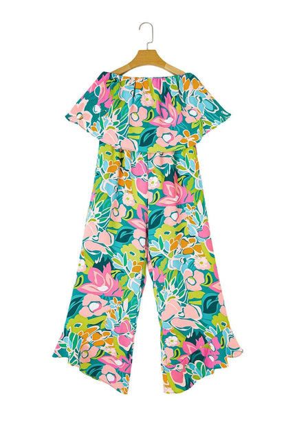 Bottoms/Jumpsuits & Rompers Green Mix Tropical Print Strapless Ruffled Jumpsuit