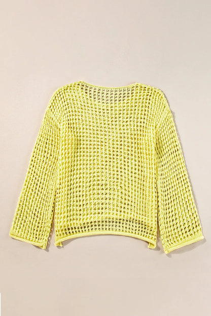 Yellow Open Knit Crochet Bell Sleeve Tunic Sweater - Chic Meadow Boutique 