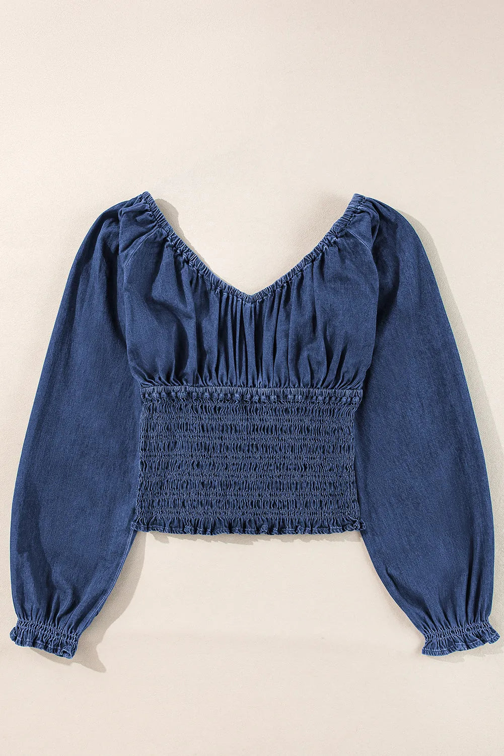 Dark Blue Smocked Ruffled Puff Sleeve V Neck Denim Blouse - Chic Meadow Boutique 