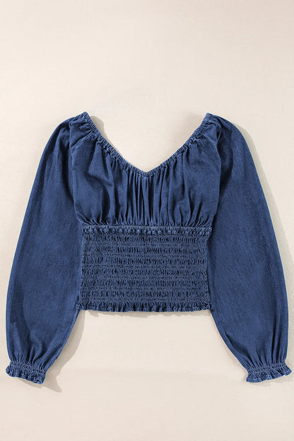 Dark Blue Smocked Ruffled Puff Sleeve V Neck Denim Blouse - Chic Meadow Boutique 