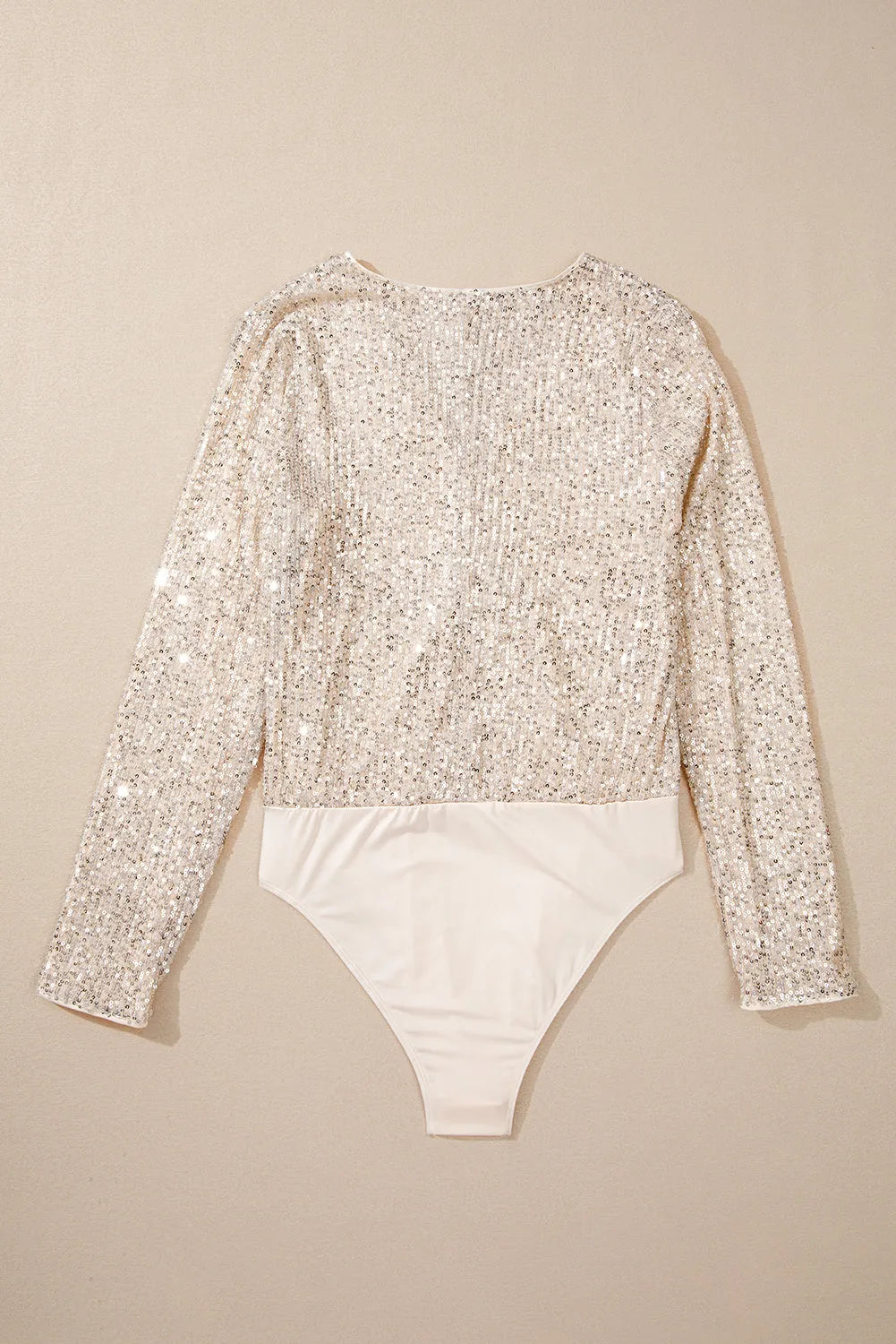 Beige Sequin Long Sleeve Wrap V Neck Bodysuit - Chic Meadow Boutique 