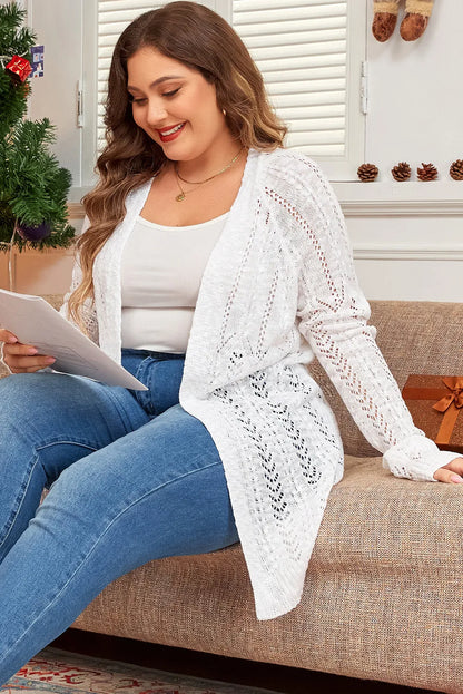 White Plus Size Eyelet Knit Open Front Cardigan - Chic Meadow Boutique 