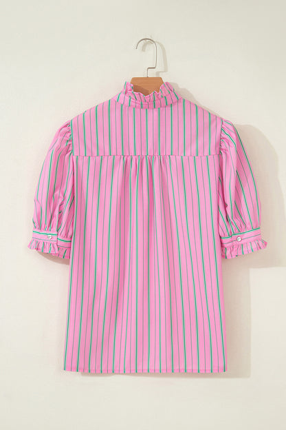 Pink Stripe Ruffle Trim Half Button Short Puff Sleeve Blouse