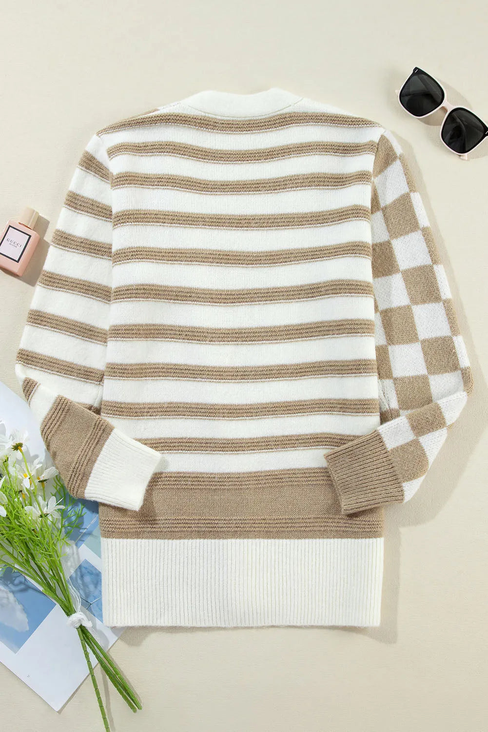 Smoke Gray Gingham Striped Knitted Open Front Cardigan - Chic Meadow Boutique 