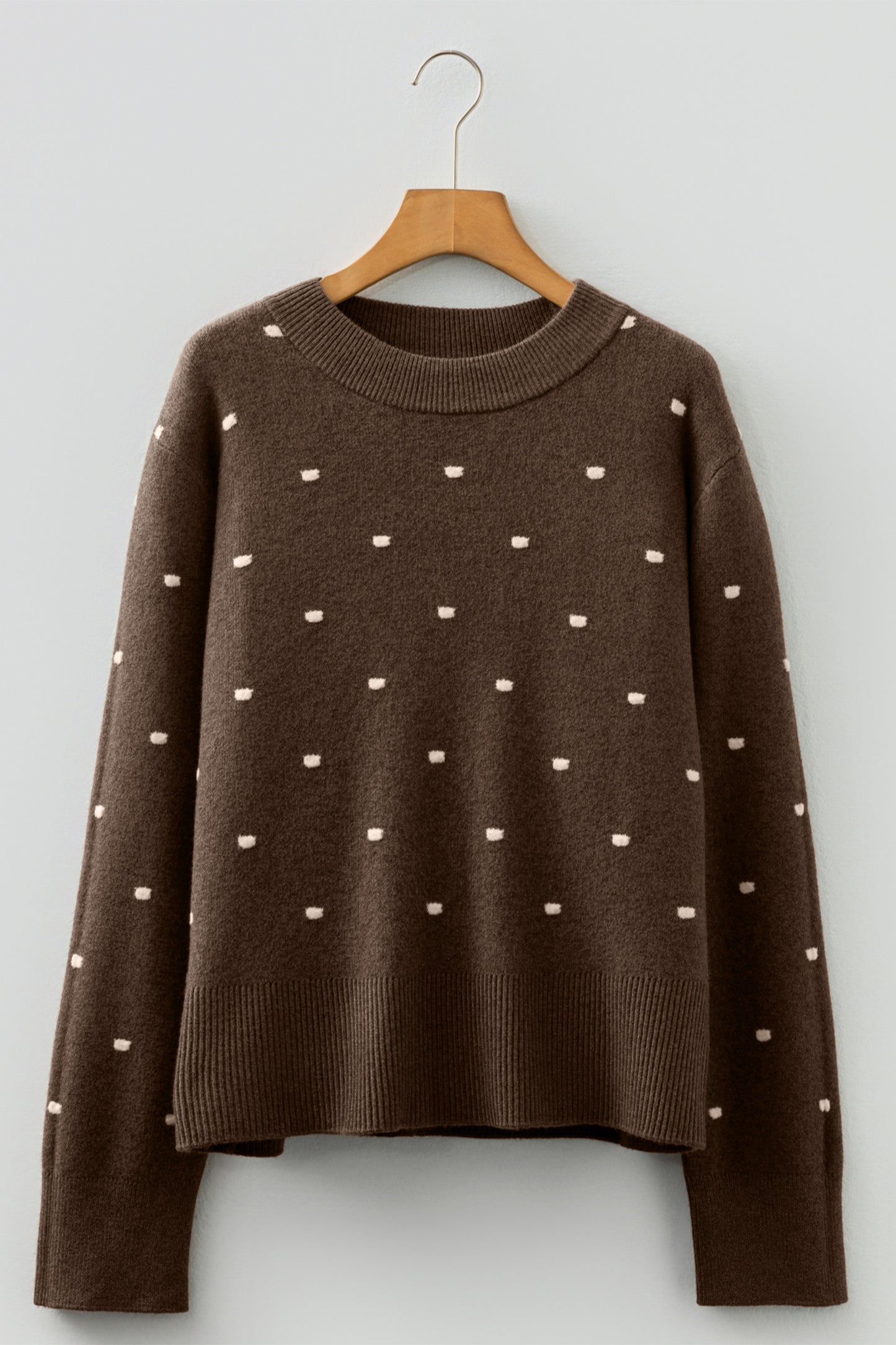 Coffee Dotted Print Ribbed Edge Knit Sweater