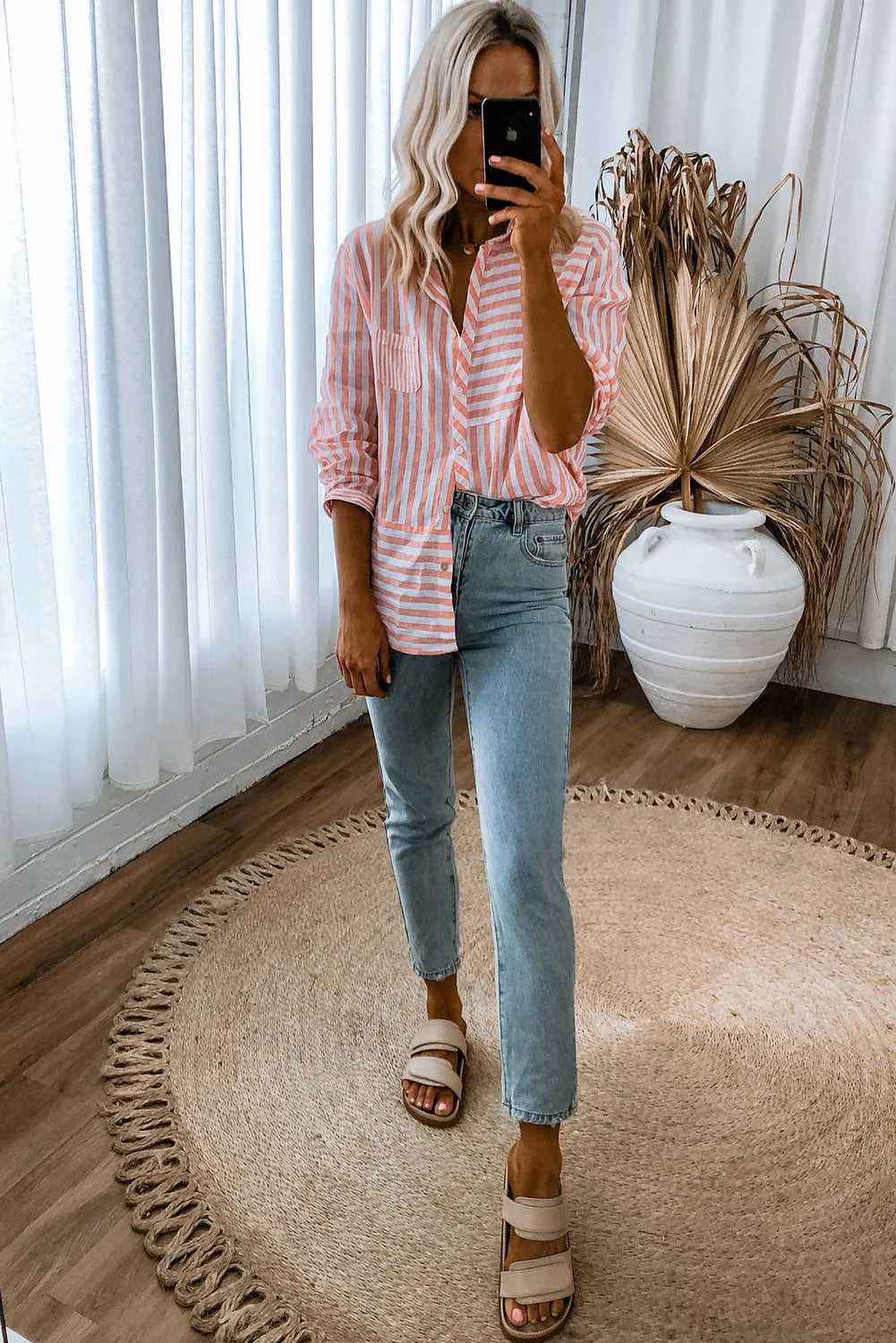 Pink Stripe Buttoned Long Sleeve Casual Shirt - Chic Meadow Boutique 