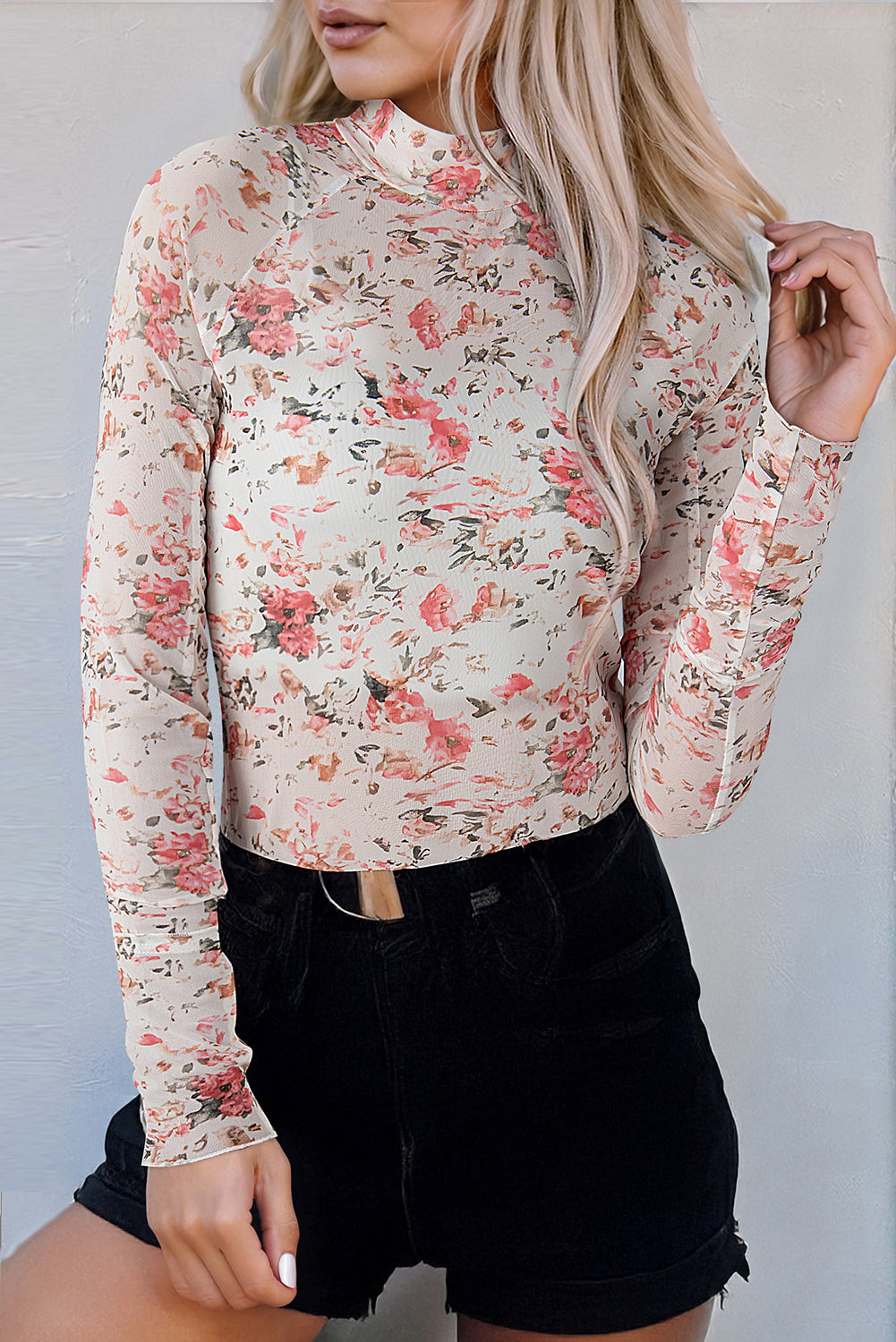 Pink Floral Long Sleeve High Neck Sheath Mesh Blouse