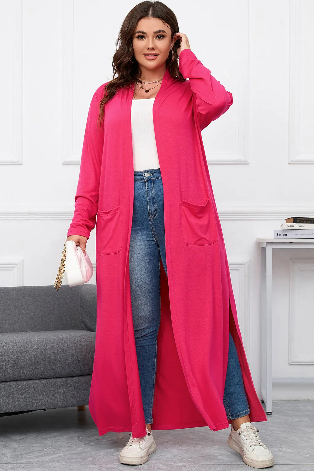 Strawberry Pink Plus Size Side Split Pockets Duster Cardigan - Chic Meadow Boutique 