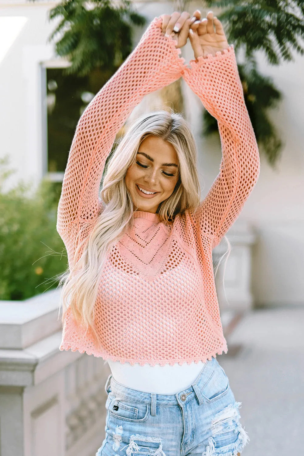 Pink Hollowed Eyelets Knit Bell Sleeve Sweater - Chic Meadow Boutique 