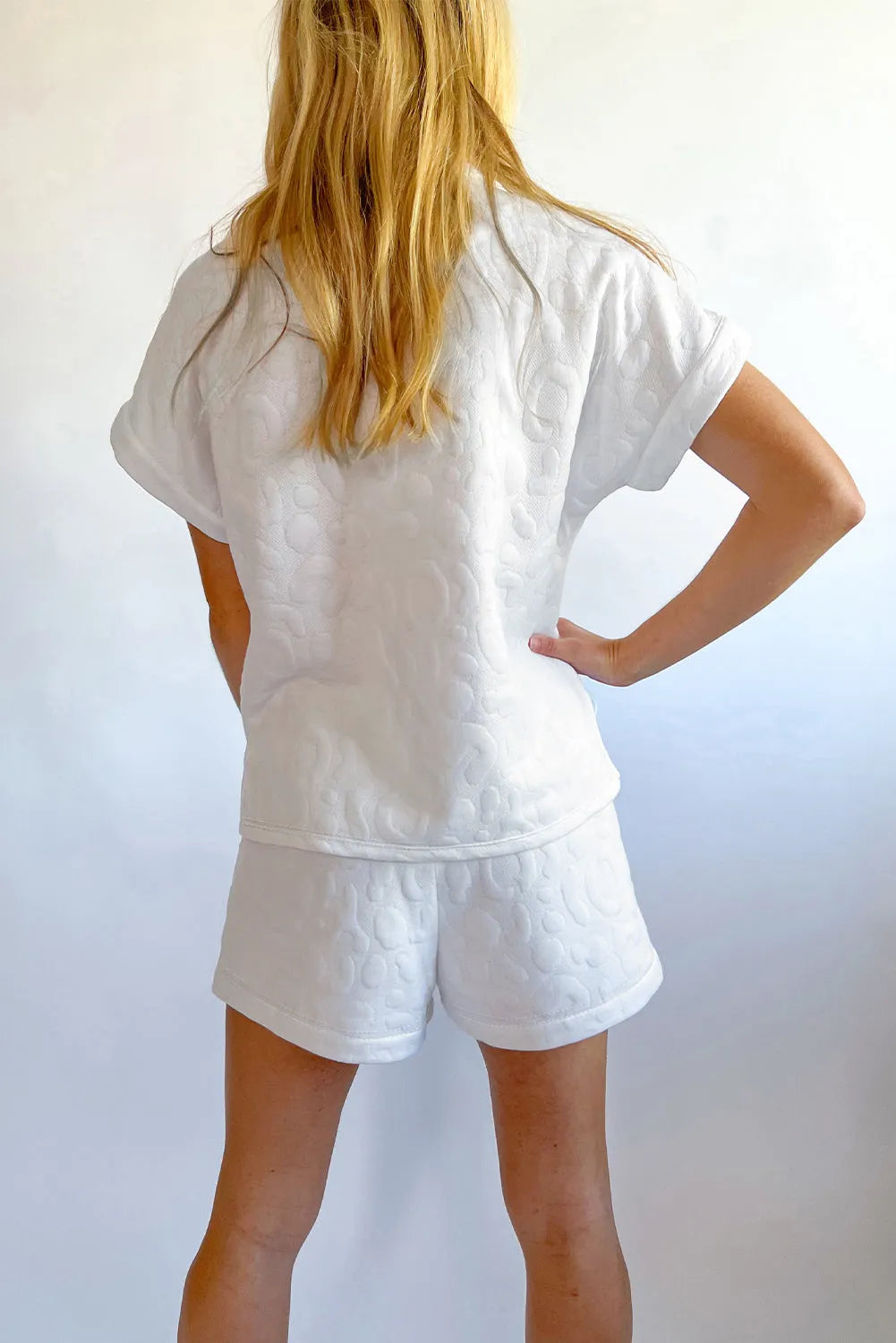 White Leopard Jacquard Quarter Zip Tee and Shorts Set - Chic Meadow Boutique 