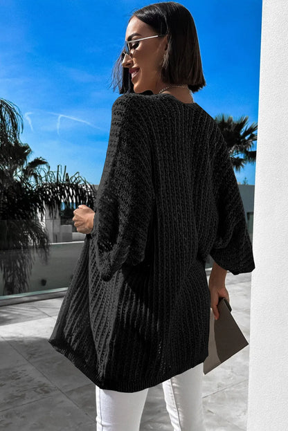 Black Hollow-out Knit Kimono Lightweight Cardigan - Chic Meadow Boutique 