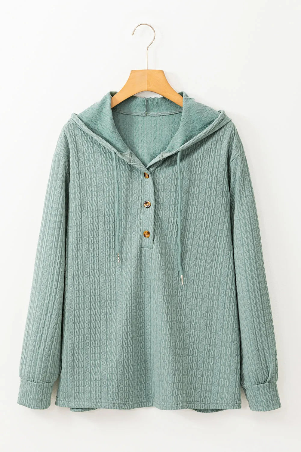 Mint Green Button Front Textured Drawstring Hooded Long Sleeve Top - Chic Meadow Boutique 