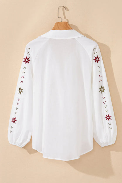 White Floral Embroidered Puff Sleeve Eyelet Patchwork Shirt - Chic Meadow Boutique 