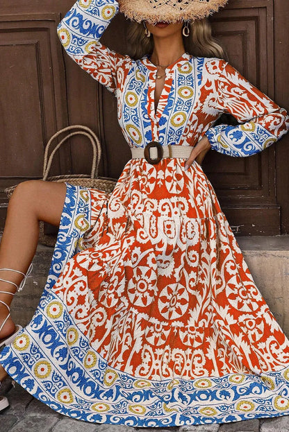 Orange Boho Geometric Printed Long Sleeve Maxi Dress - Chic Meadow Boutique 