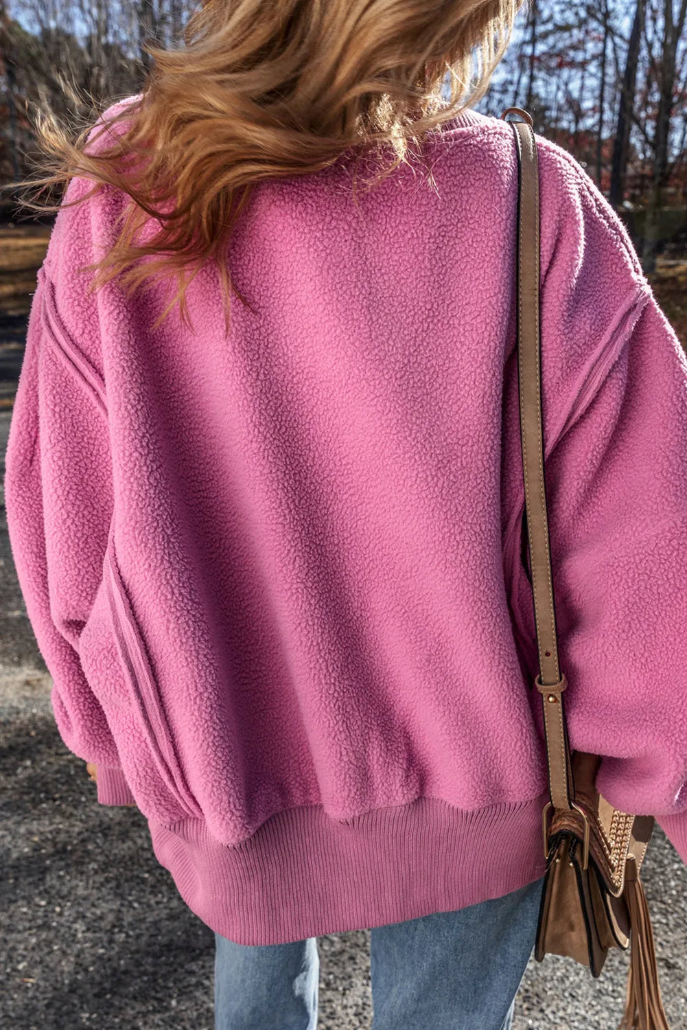 Bright Pink Sherpa Seamed Drop Shoulder Oversized Sweatshirt - Chic Meadow Boutique 