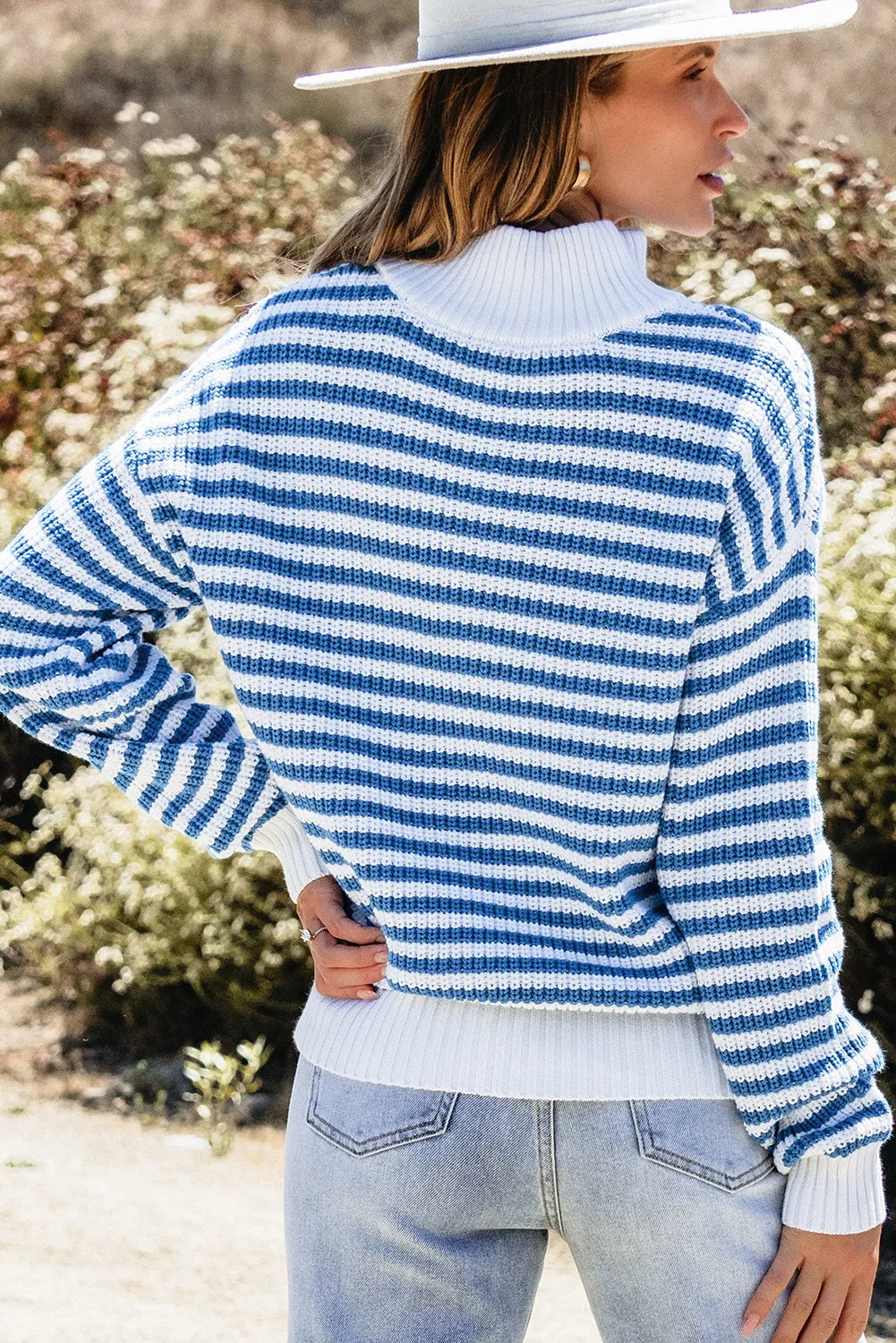 Sky Blue Stripe Zip up Collar Drop Shoulder Sweater - Chic Meadow Boutique 