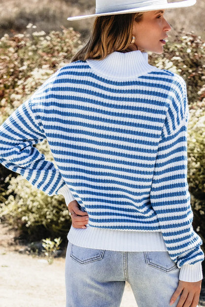 Sky Blue Stripe Zip up Collar Drop Shoulder Sweater - Chic Meadow Boutique 