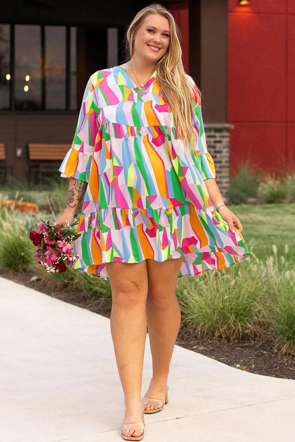 Plus Size/Plus Size Dresses/Plus Size Mini Dresses Multicolour Plus Size Vibrant Abstract Print Tiered Ruffled Mini Dress