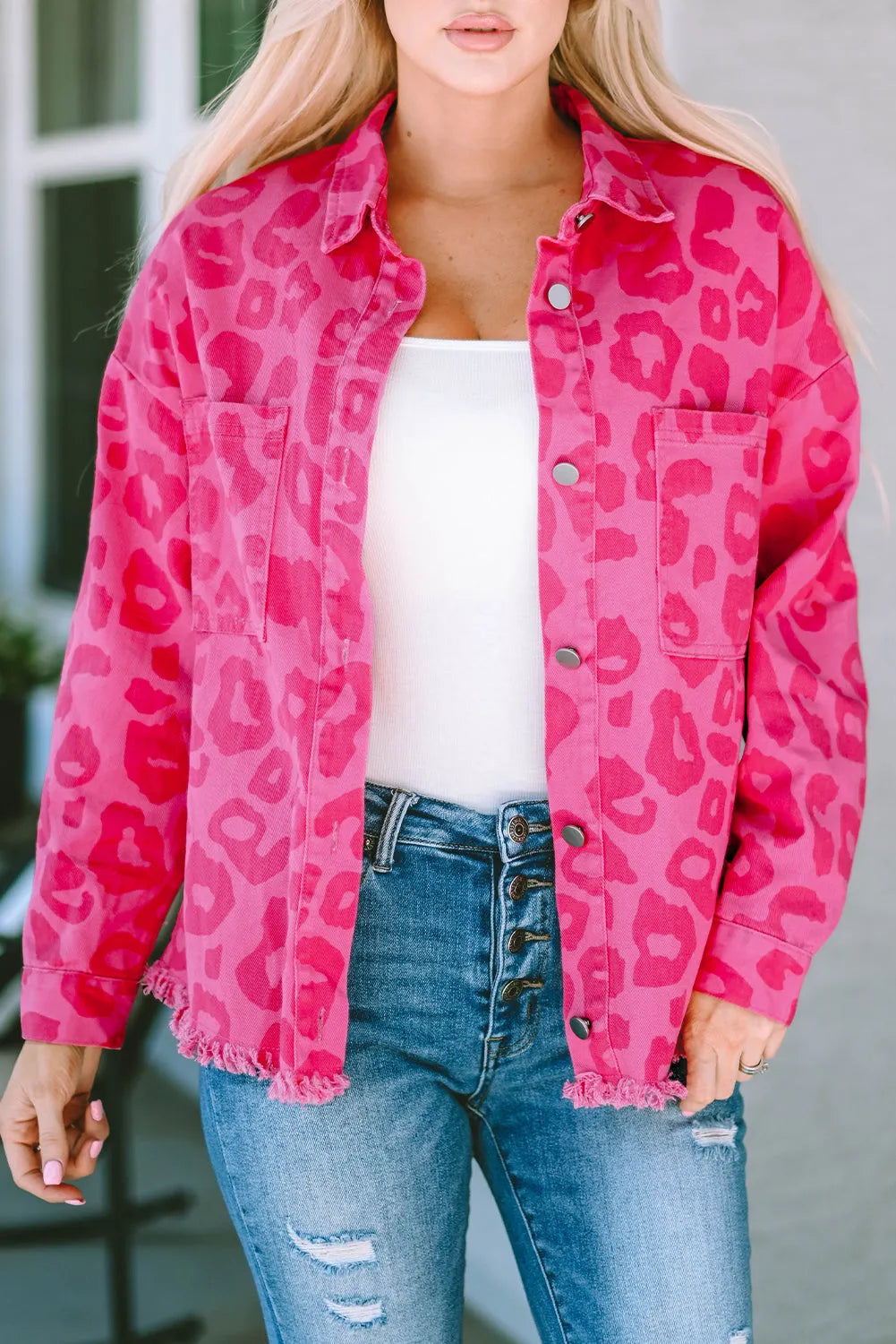 Pink Leopard Print Button Cuffs Raw Hem Jacket - Chic Meadow Boutique 