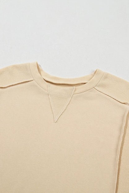 Beige Splicing Round Neck Pullover Sweatshirt - Chic Meadow Boutique 