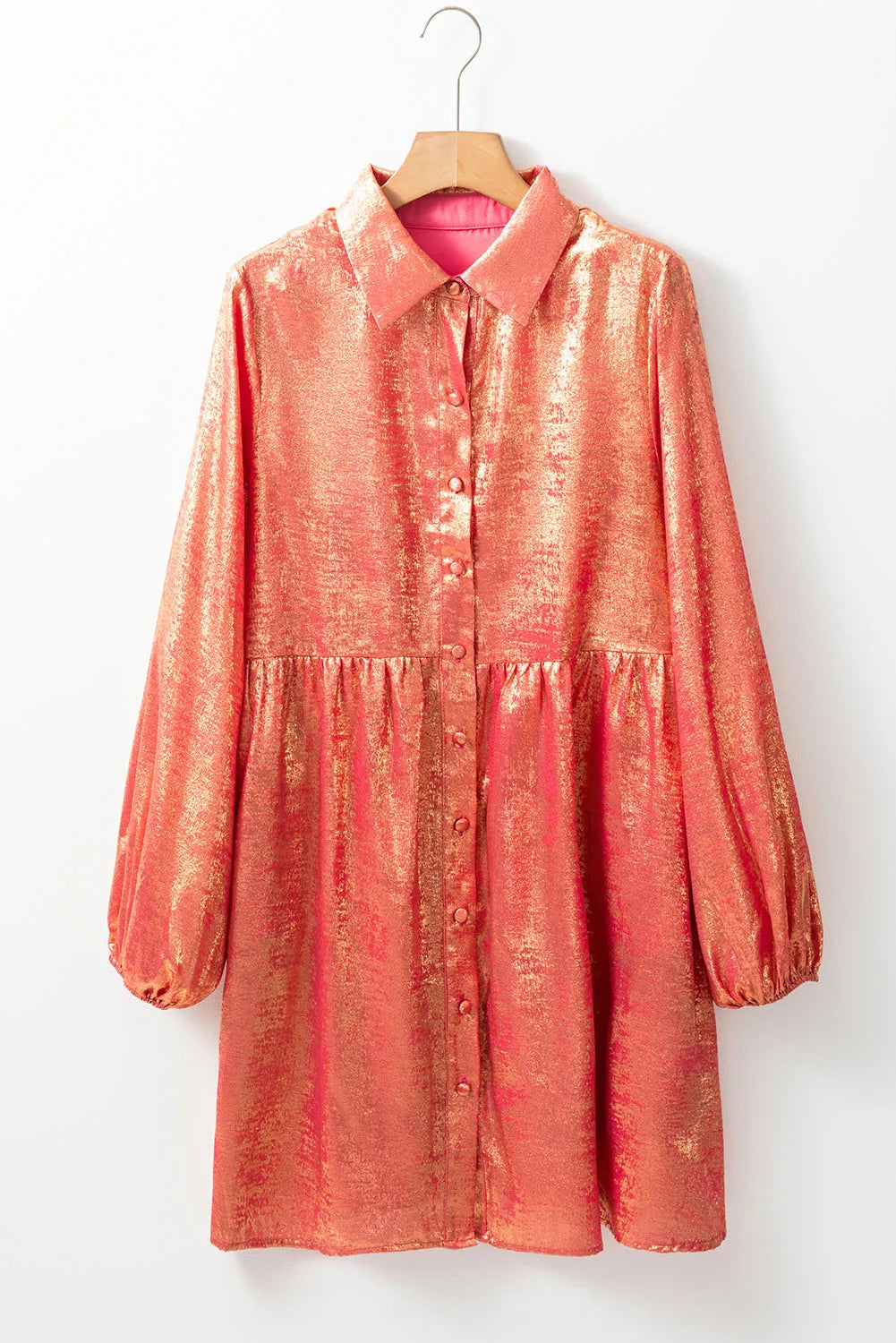 Peach Blossom Metallic Sheen Puff Sleeve Button Up Mini Shirt Dress - Chic Meadow Boutique 