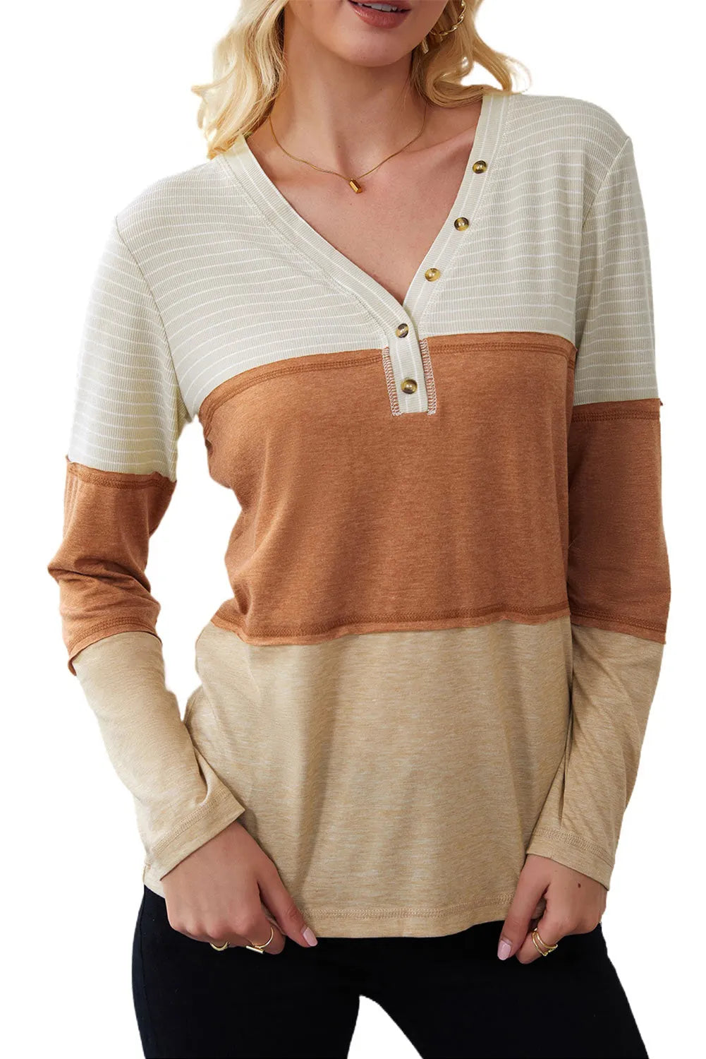 Orange Striped Color Block Henley Top - Chic Meadow Boutique 