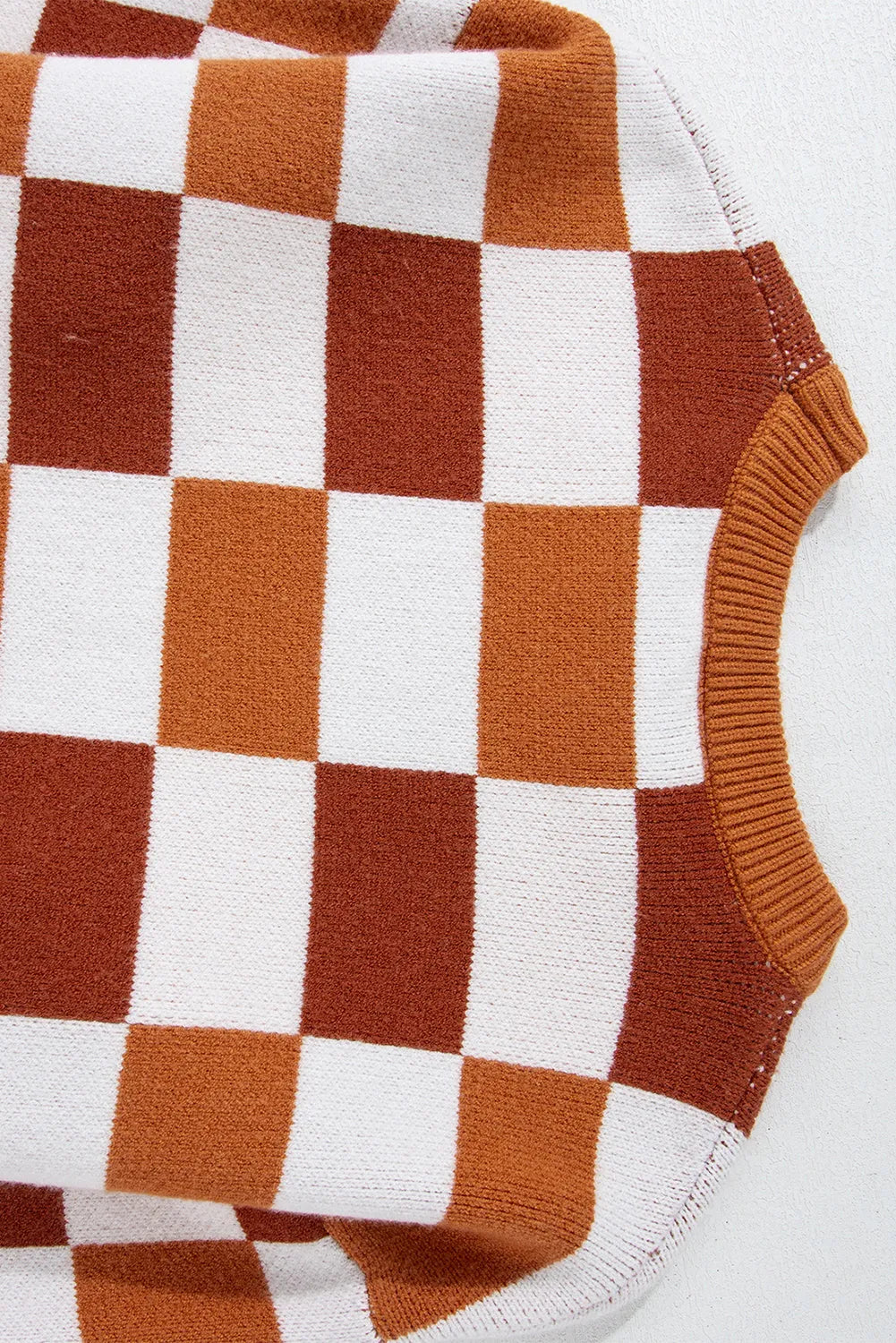 Orange Checkered Ribbed Edge O Neck Drop Shoulder Sweater - Chic Meadow Boutique 