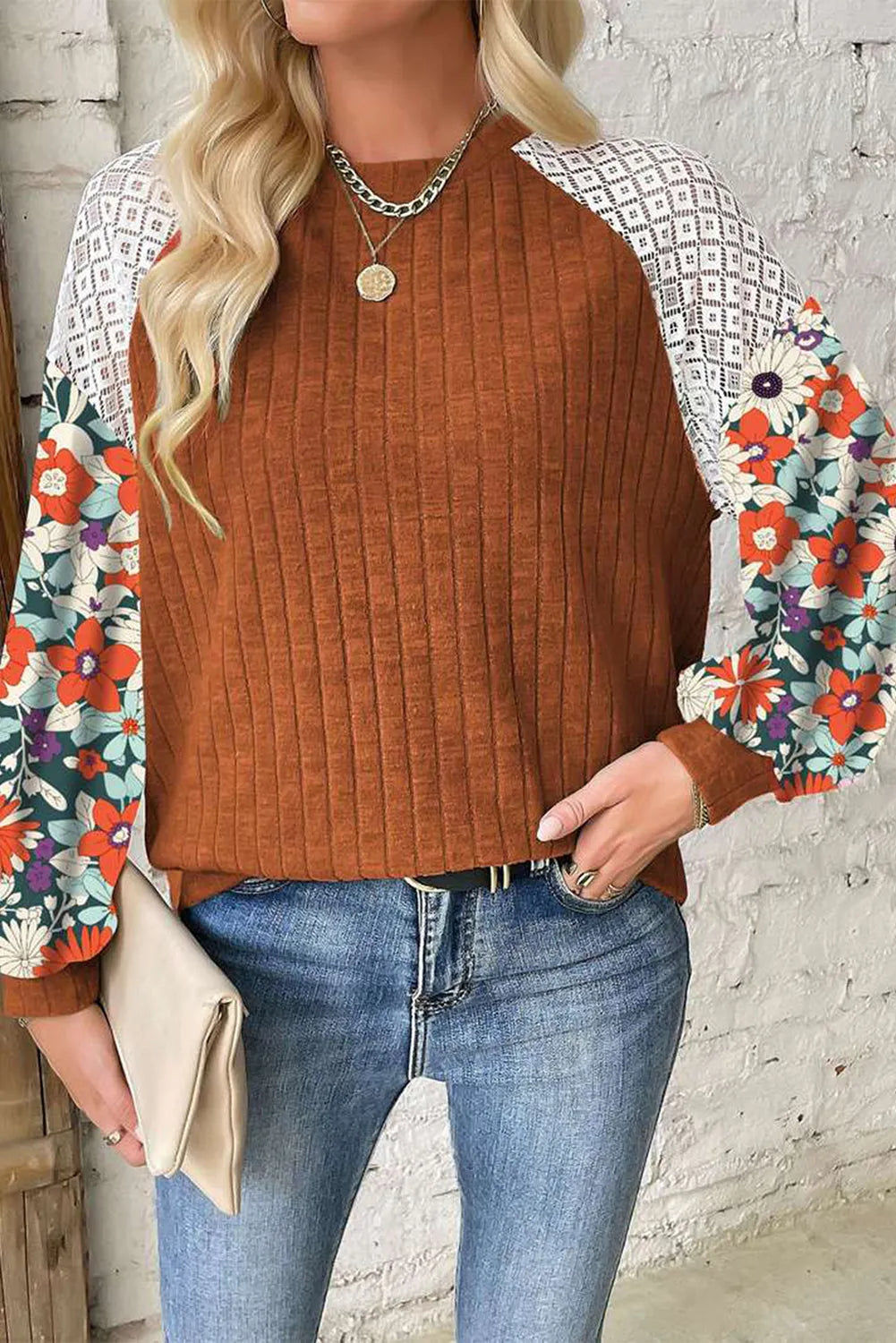 Cinnamon Floral Patchwork Long Sleeve Ribbed Blouse - Chic Meadow Boutique 