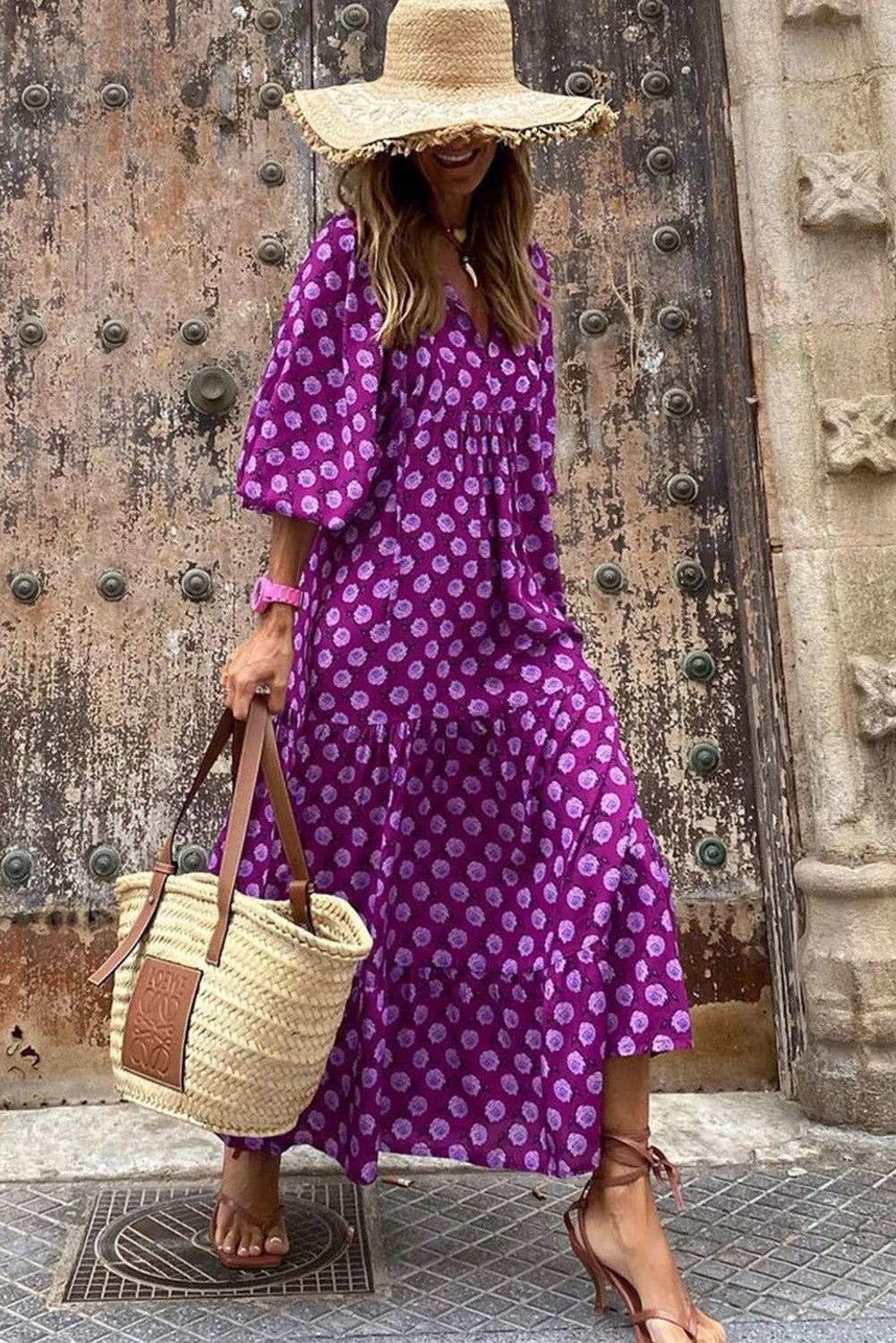 Purple Boho Printed Puff Sleeve Maxi Dress - Chic Meadow Boutique 