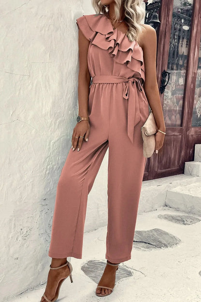 Dusty Pink One Shoulder Ruffle Trim Belted Jumpsuit - Chic Meadow Boutique 