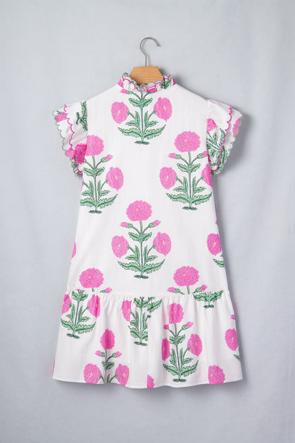 White Wild Floral Print Scalloped Embroidery Trim V Neck Drop Waist Mini Dress