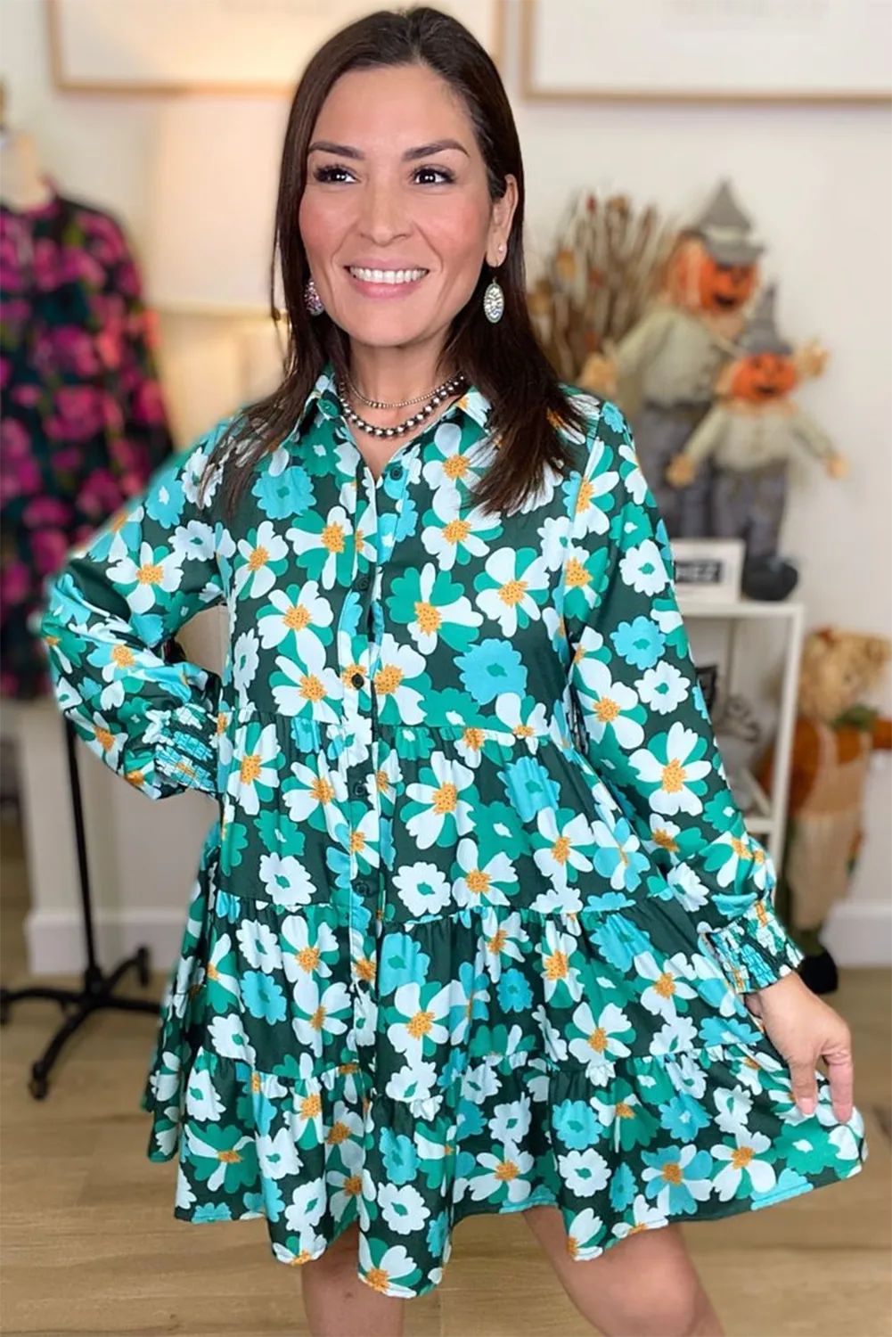 Green Floral Tiered Long Puff Sleeve Shirt Dress - Chic Meadow Boutique 