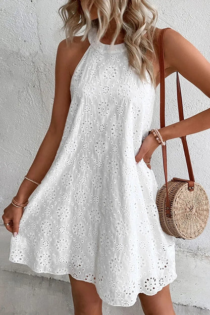 White Boho Eyelet Pattern Halter Neck Sleeveless Dress - Chic Meadow Boutique 