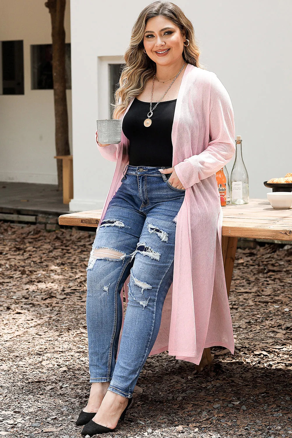 Pink Sheer Knitted Long Side Slit Plus Size Cardigan - Chic Meadow Boutique 